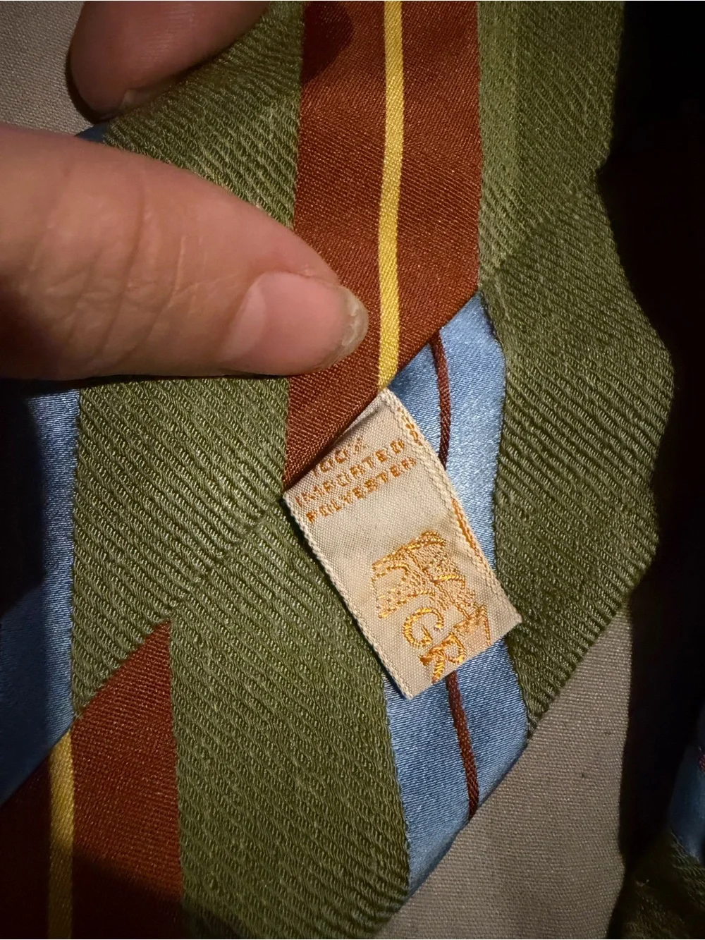 Olive Green Tie with Light Blue and Rust Stripes